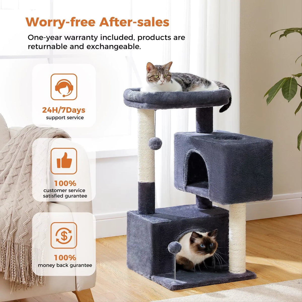 Furrow Friend cat tree tower for large cats with cats playing