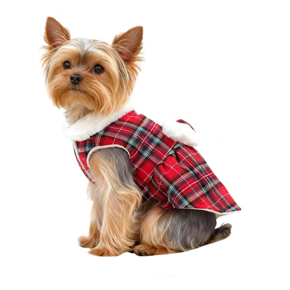 Plaid Christmas Dog Dress with Faux Fur Collar