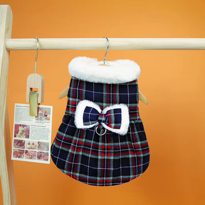 Plaid Christmas Dog Dress with Faux Fur Collar
