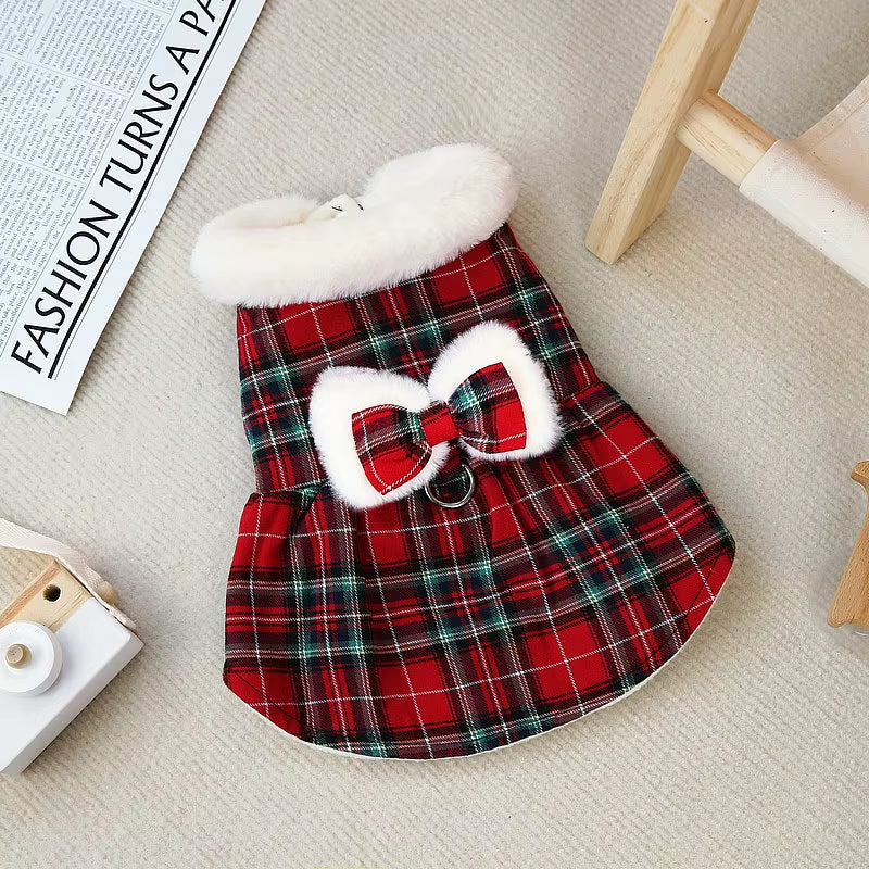 Plaid Christmas Dog Dress with Faux Fur Collar