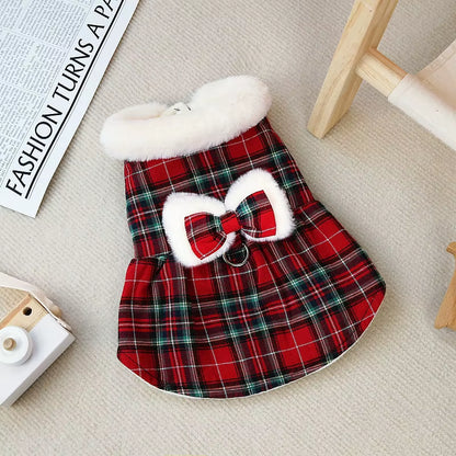 Plaid Christmas Dog Dress with Faux Fur Collar