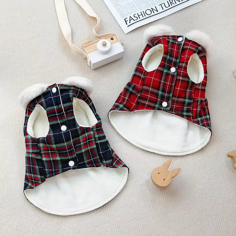 Plaid Christmas Dog Dress with Faux Fur Collar