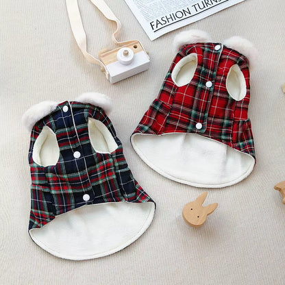 Plaid Christmas Dog Dress with Faux Fur Collar