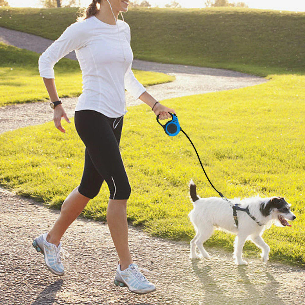 Furrow Friend automatic retractable dog leash on a walk