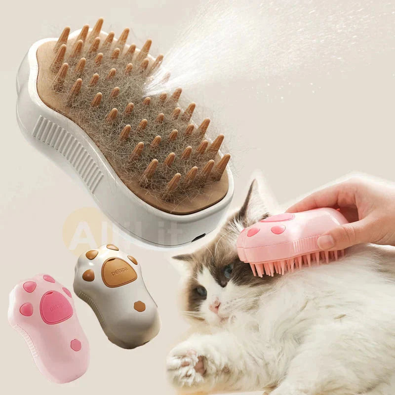 Furrow Friend 3-in-1 cat steam grooming brush spraying mist on a cat