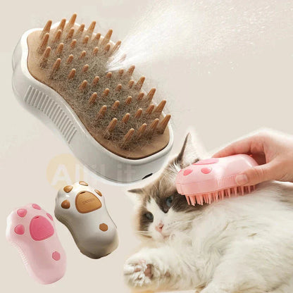 Furrow Friend 3-in-1 cat steam grooming brush spraying mist on a cat