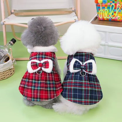 Plaid Christmas Dog Dress with Faux Fur Collar