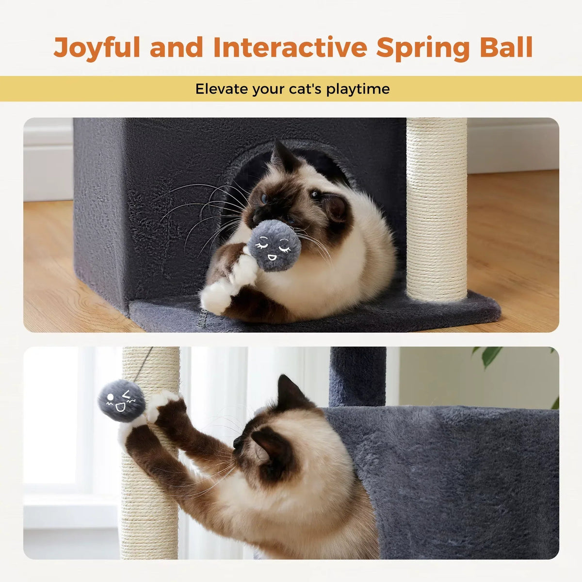 Furrow Friend cat tree tower for large cats with spring ball toy
