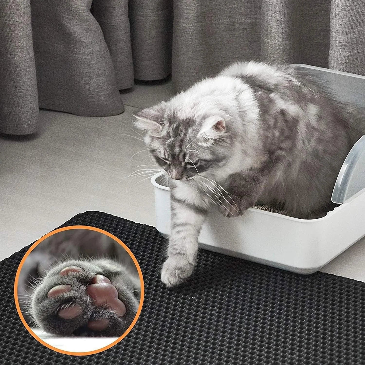 Furrow Friend honeycomb cat litter trapping mat cat stepping out of litter box