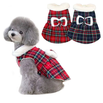 Plaid Christmas Dog Dress with Faux Fur Collar