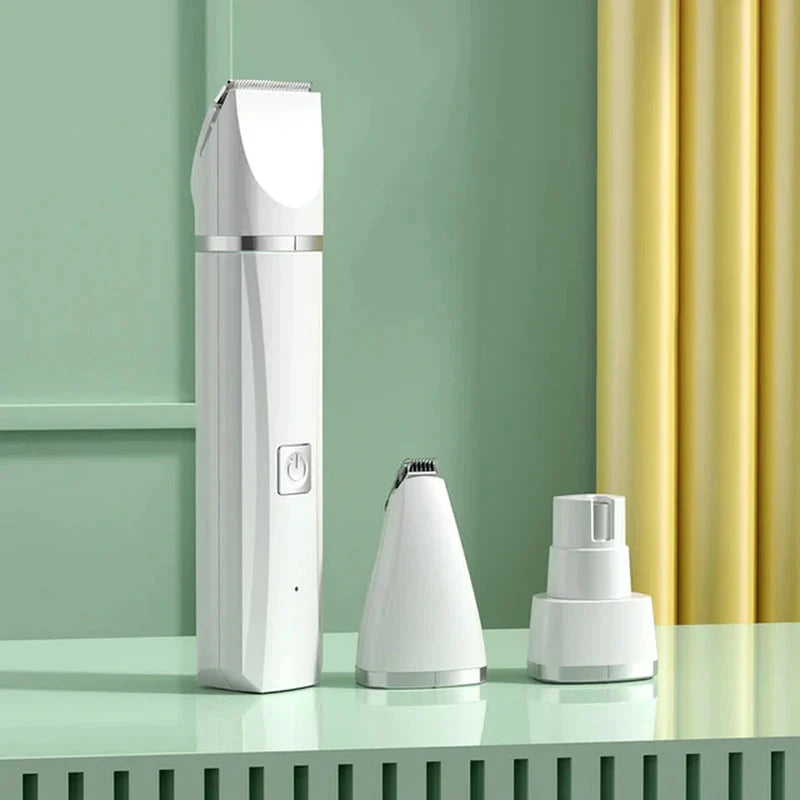 Furrow Friend 4-in-1 electric pet grooming kit in white with two attachments