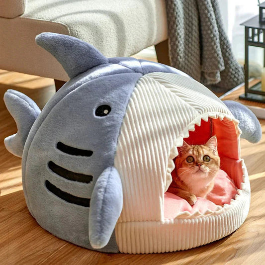 Furrow Friend luxury plush shark pet bed in blue