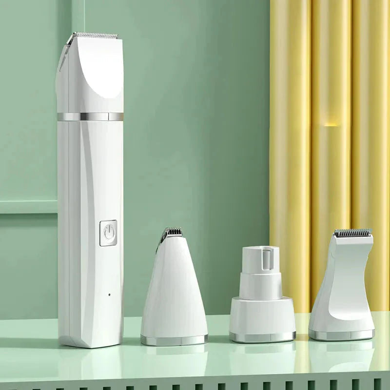 Furrow Friend 4-in-1 electric pet grooming kit in white with three attachments