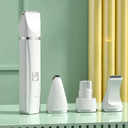 Furrow Friend 4-in-1 electric pet grooming kit in white with three attachments